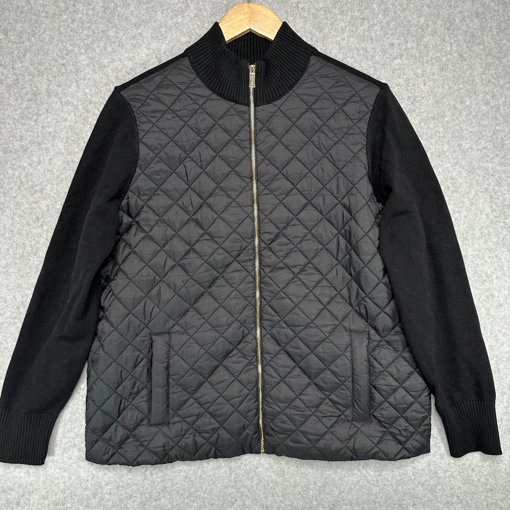 Jones New York Signature Quilted Knit Jacket Black Full Zip Mock Neck Size L NWT